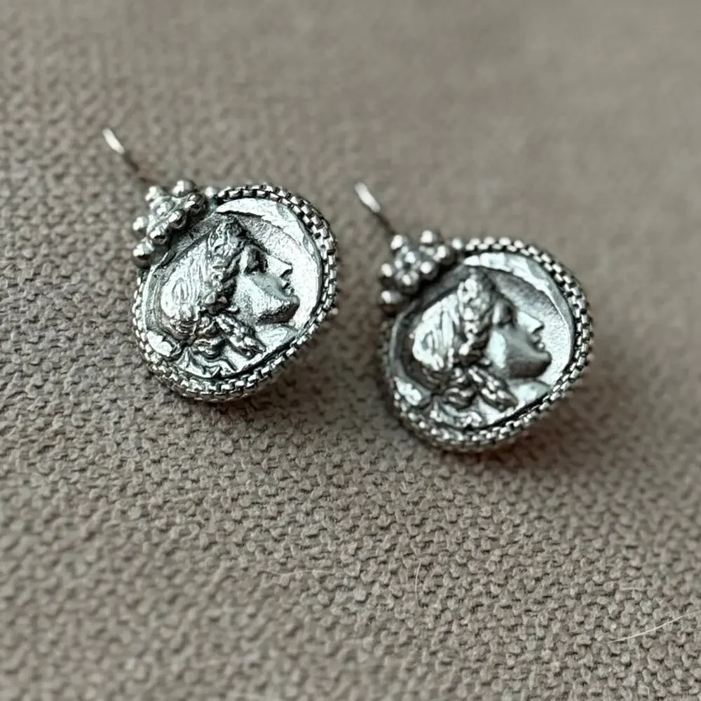 VINTAGE Maeve Carr Nee York Art Nouveau Greek Portrait Silver Tone Earrings